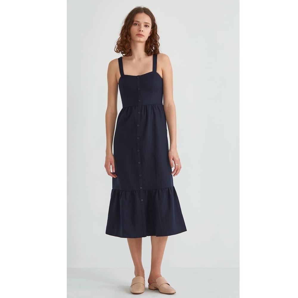 Frank And Oak Sz L Tencel Linen Tiered Midi Dress Navy